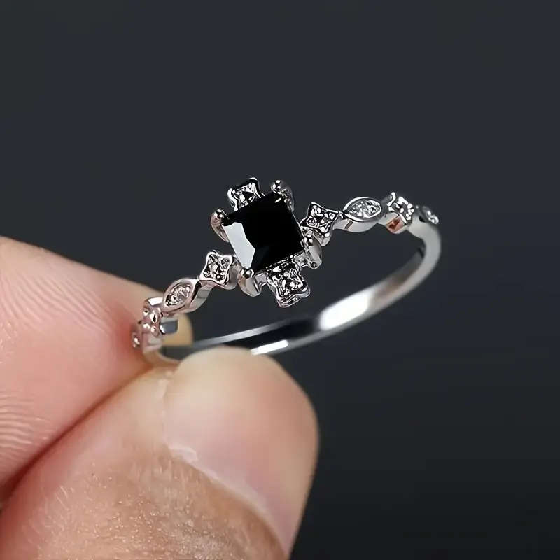 Vintage-Inspired Black Square Cubic Zirconia Ring