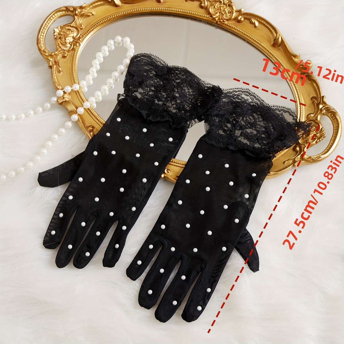 1 Pair Black And White Dots Lace Gloves