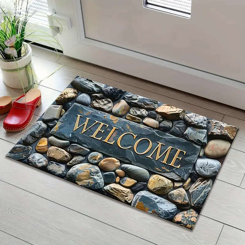 1pc Elegant Pebble Design Welcome Mat Stone Pattern Crystal Velvet Rectangular Rug Non-Slip Durable