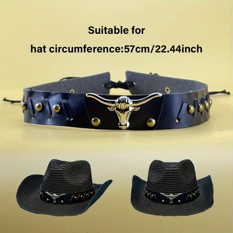 1pc Vintage Western Cowboy Hat with Intricate Silvery Horse Buckle Decor Black Faux Leather B