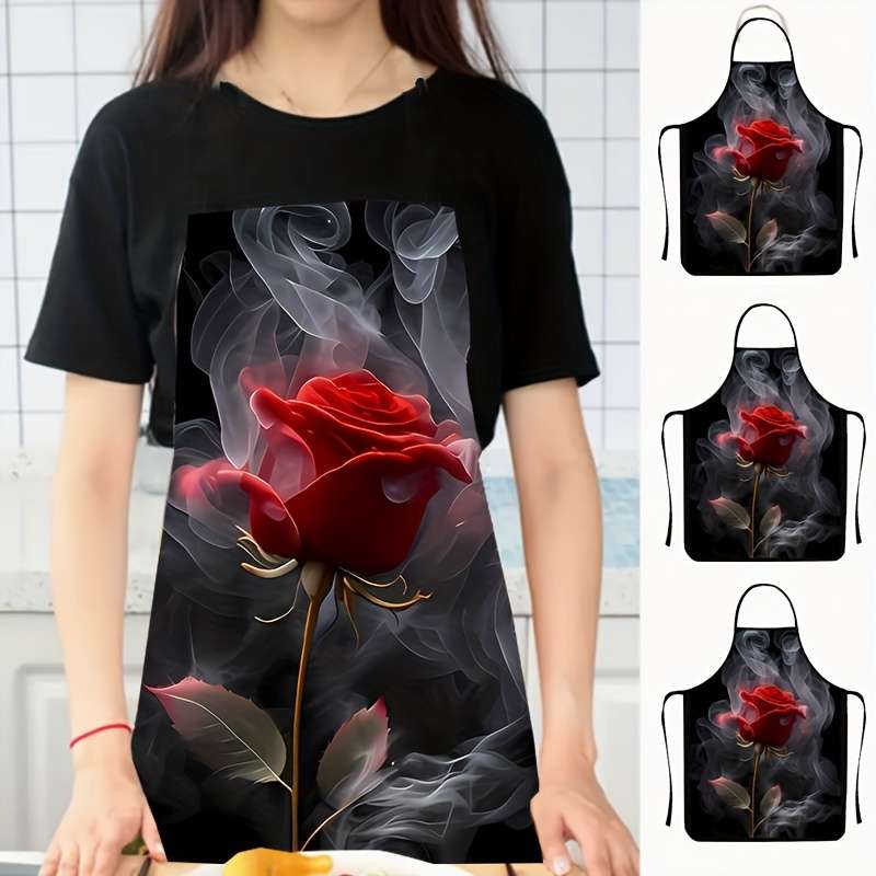 1pc Elegant Red Rose Pattern Polyester Apron Colorful Printed Sleeveless Kitchen Bib with Vib