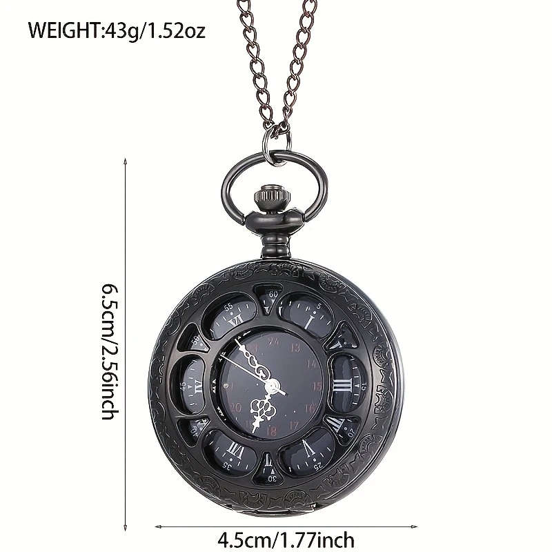 1Pc Hollow Pocket Watch Black Roman Dial Necklace Pendant Watch