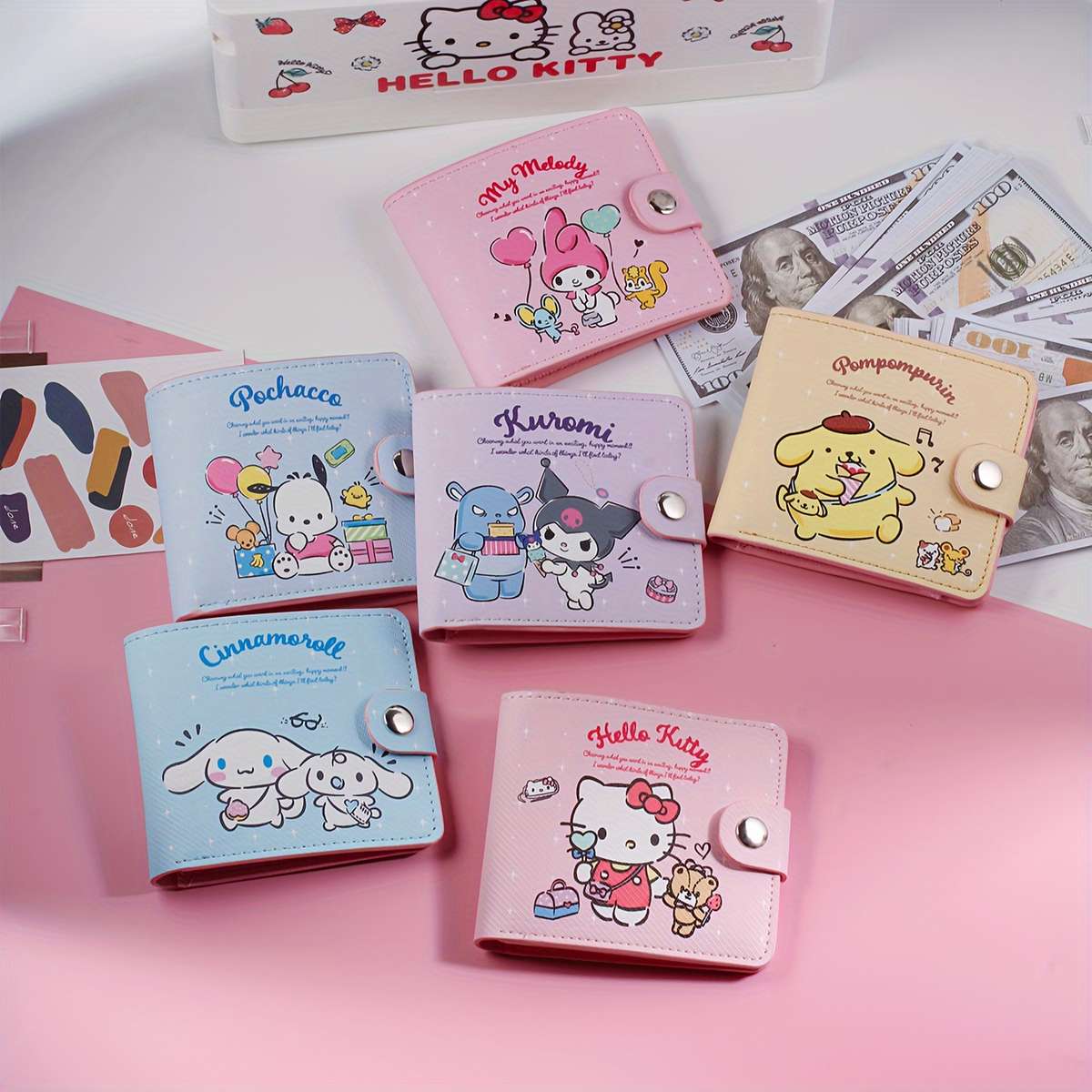 Sanrio Cartoon Cute Wallet Pink Yellow Blue Purple Multi-Compartment Wallet With Button