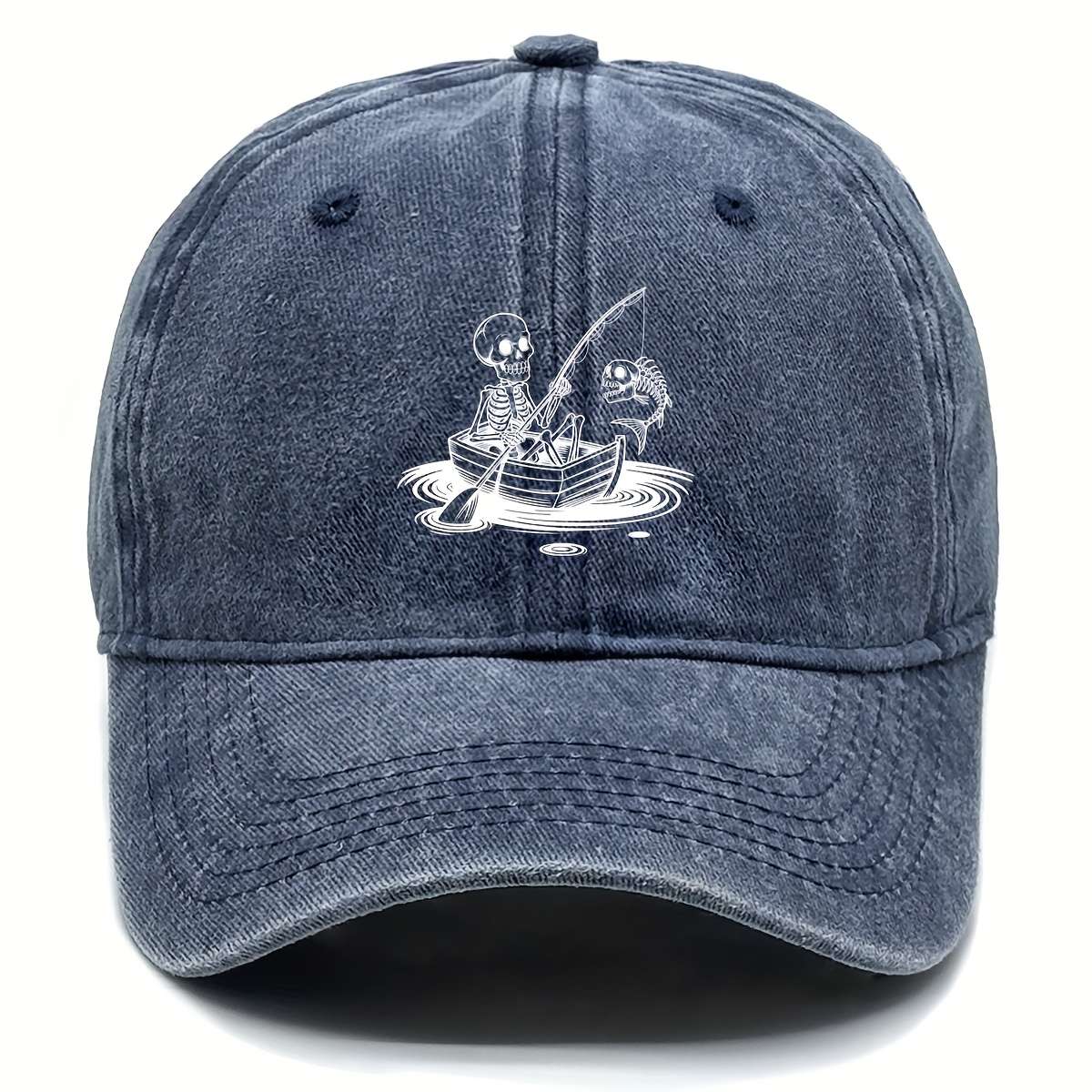 Stylish Unisex Skeleton Fishing Print Baseball Cap Adjustable Snapback Lightweight Cotton D