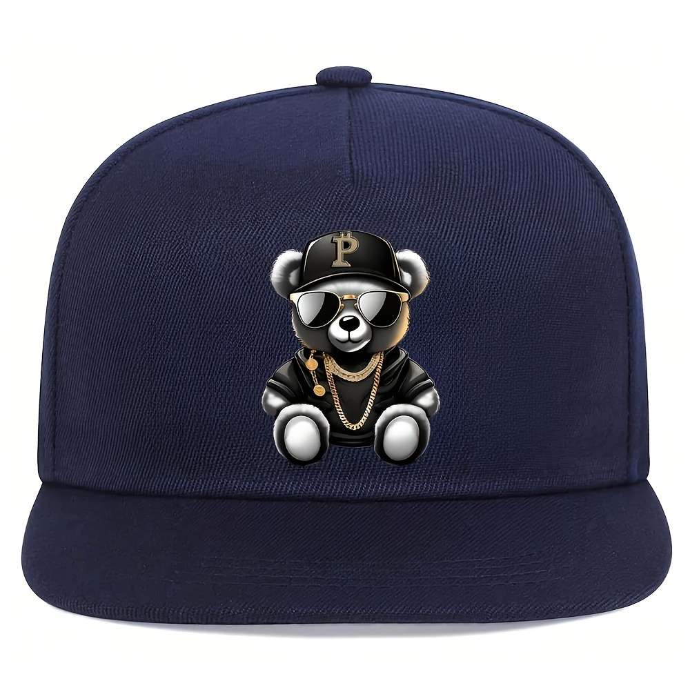 Hip Hop Bear Print Flat Brim Cap Unisex Adjustable Street Style Baseball Hat 100% Polyest