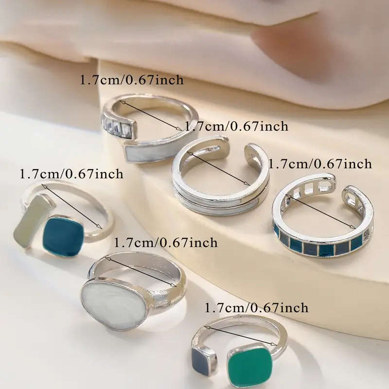 6-Piece Vintage Style Faux Emerald & Enamel Open Ring Set
