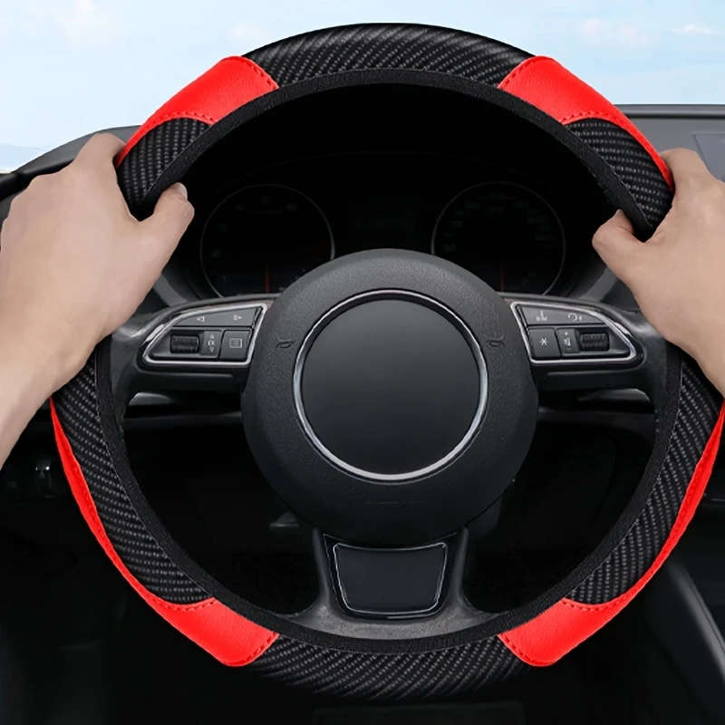 1pc Steering Wheel Cover Carbon Fiber PU Leather Anti-Slip Steering Wheel Protector Universal 38.1 c