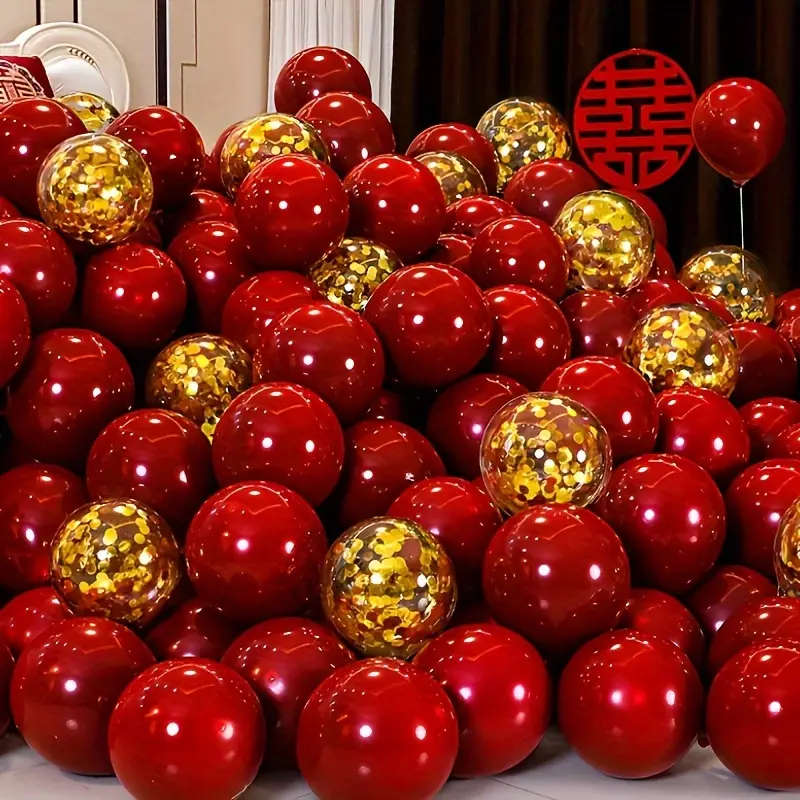 50 Red And Gold Confetti Latex Balloons