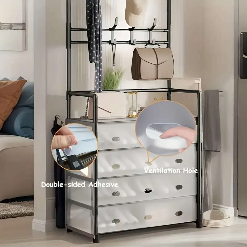 5-Tier Metal Shoe & Hat Rack with Coat Hooks - Durable, Dustproof Entryway Storage Organizer, Easy A