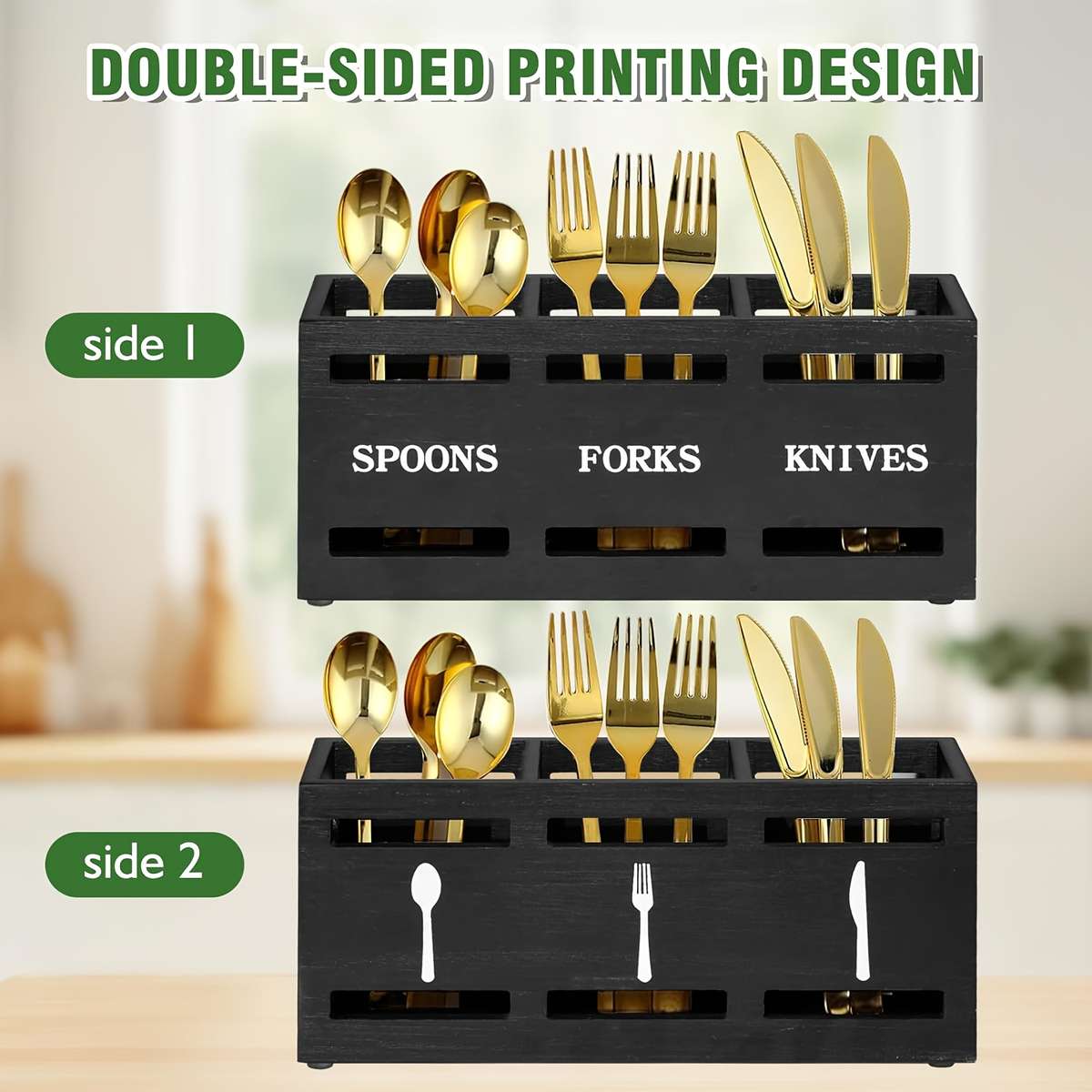 1pc Classic Wooden Kitchen Utensil Rack with Solid Iron Handle 3-Compartment Storage Basket for S