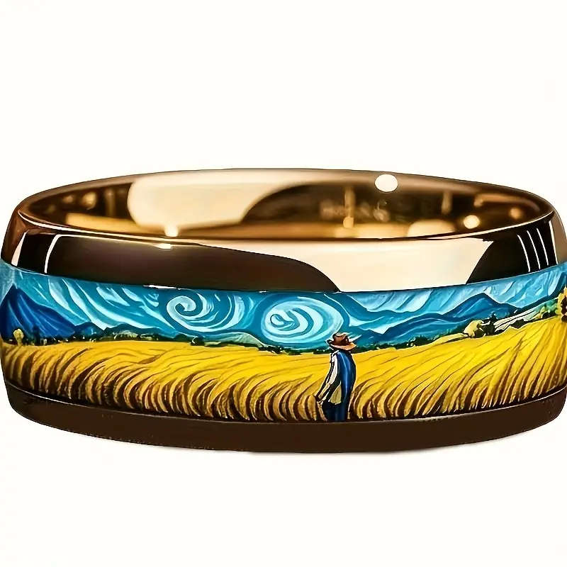 8mm Titanium Van Gogh Abstract Art Ring