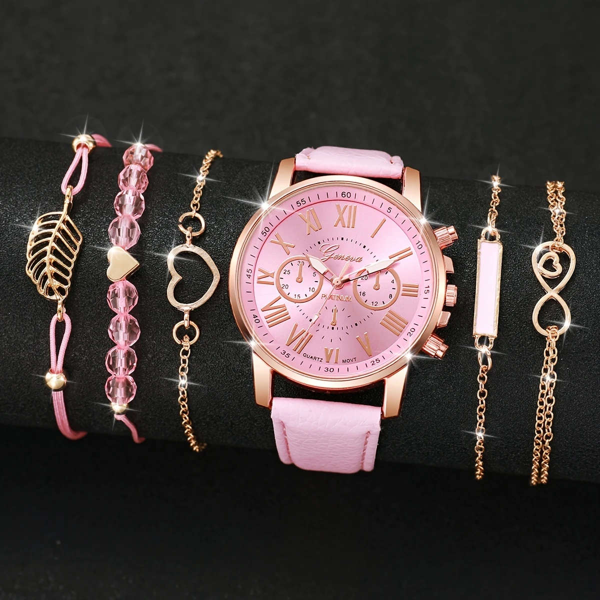 6pcs set Women's Fashion Casual Roman Scale Dial Quartz Watch Bracelet Set Does Not Include Watch Bo