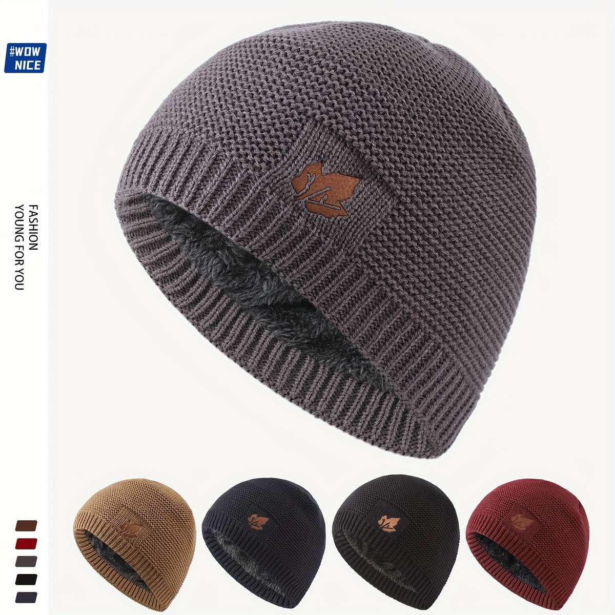 Knit Beanie with Fleece Lining Warm Windproof Acrylic Skull Cap