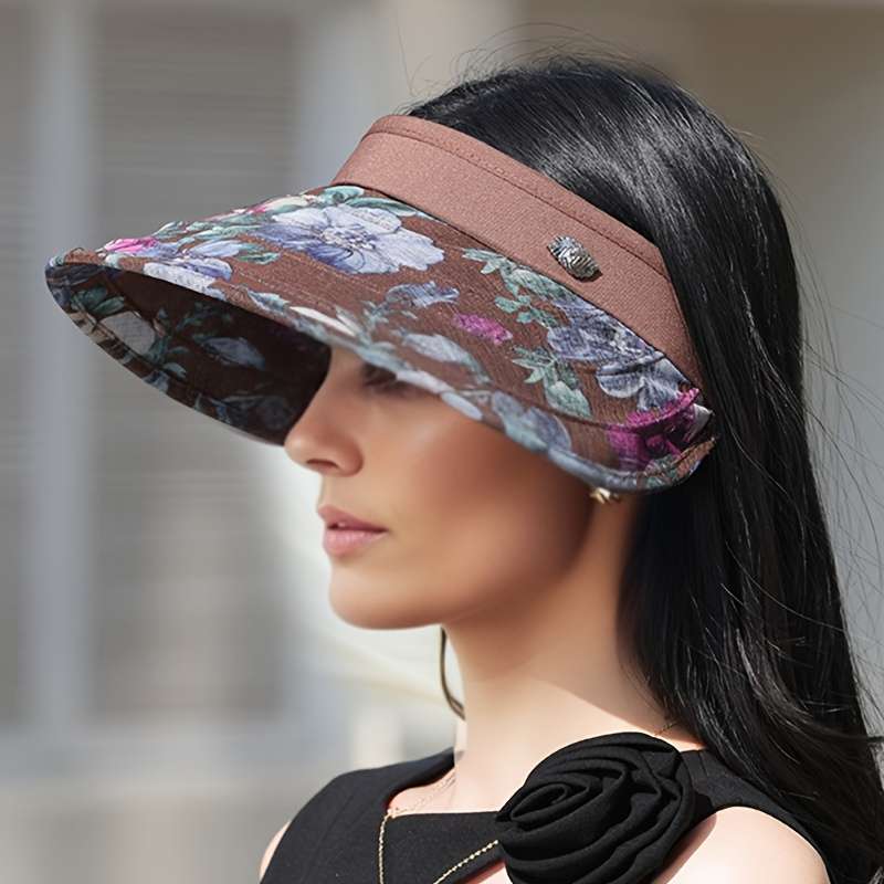 1pc Women's Floral Sun Visor Hat Wide Brim Polyester Cap with Open Top Design Adjustable Brea