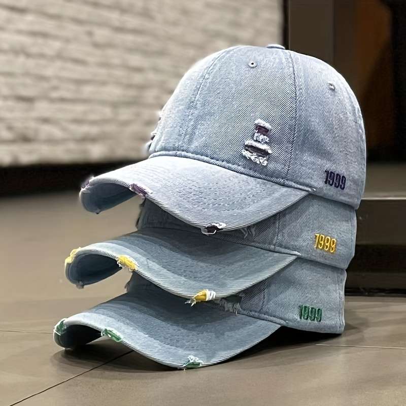 1pc Unisex Denim Baseball Cap 1999 Distressed Embroidery Lightweight Adjustable Button Closure
