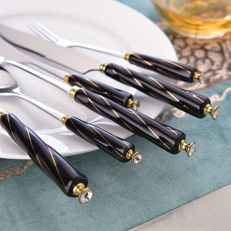 6pcs Western Knife Fork Spoon Stainless Steel Cutlery Set Black Threaded Ceramic Handle Stea