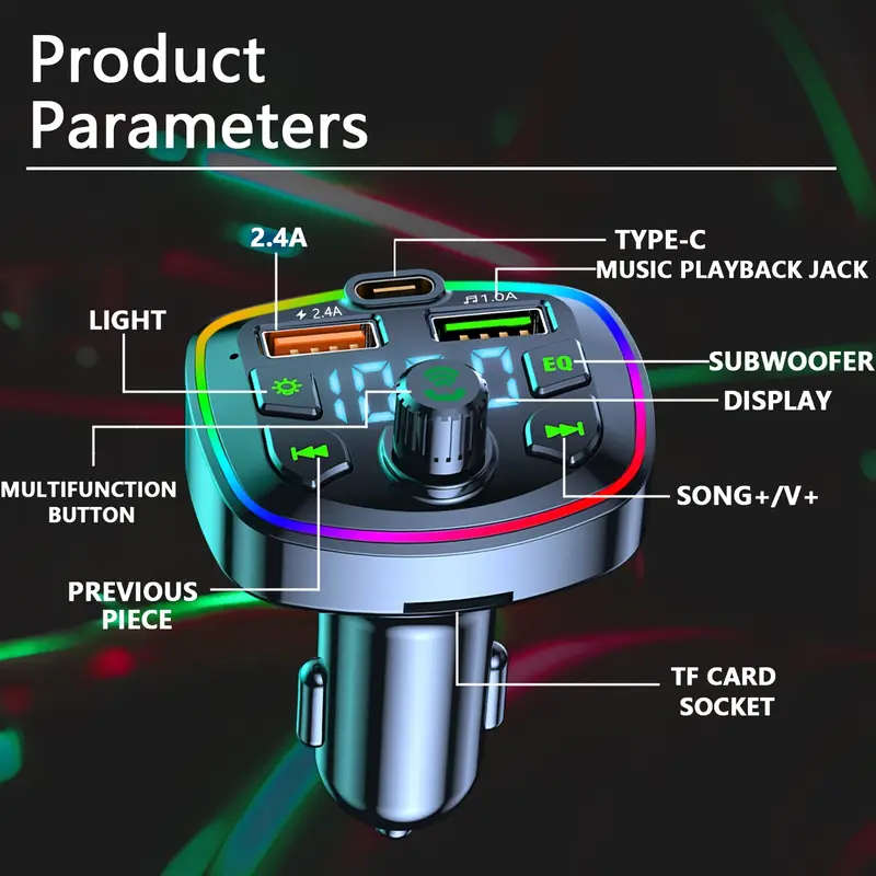 Car FM Transmitter Bluetooth Mp3 Player Car Charger with USB Port and TF Card Slot