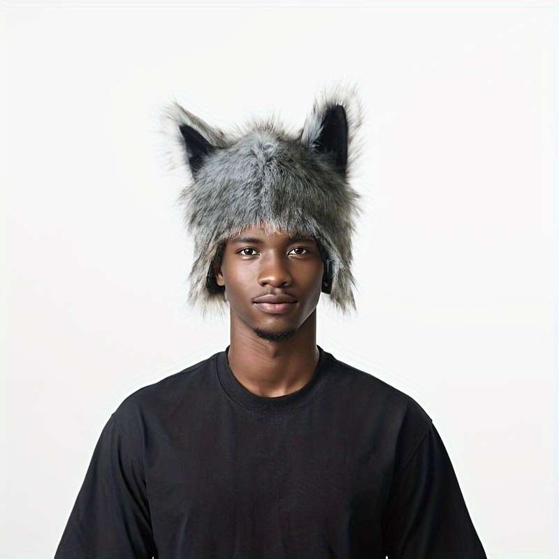 1pc Unisex Wolf Plush Street Style Hat Animal Themed Headwear For Halloween Christmas Party Costu