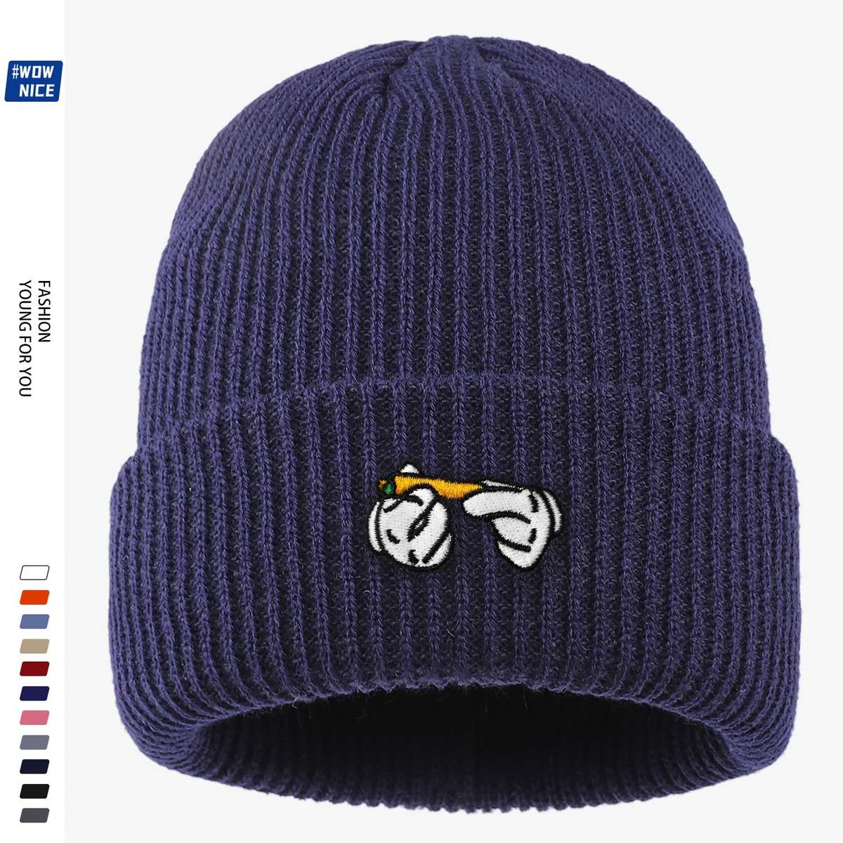 Rendy Leaf Embroidered Acrylic Beanie Unisex Cartoon Cigarette Design Knit Skull Cap Lightwei