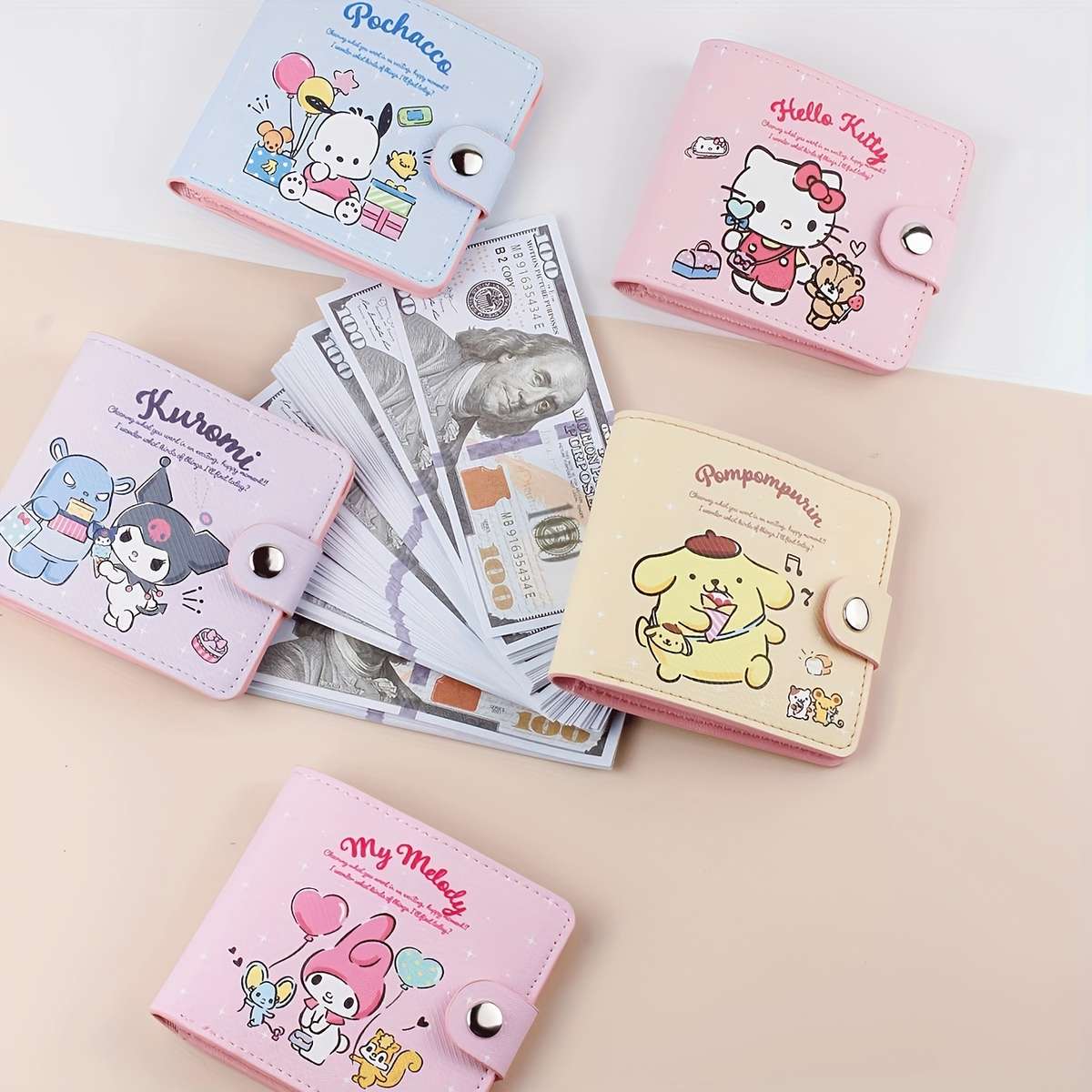 Sanrio Cartoon Cute Wallet Pink Yellow Blue Purple Multi-Compartment Wallet With Button