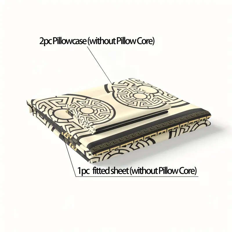 3-Piece Stylish Classic Dark Grey Gold Ring Fitted Sheet Set 200cm*220cm