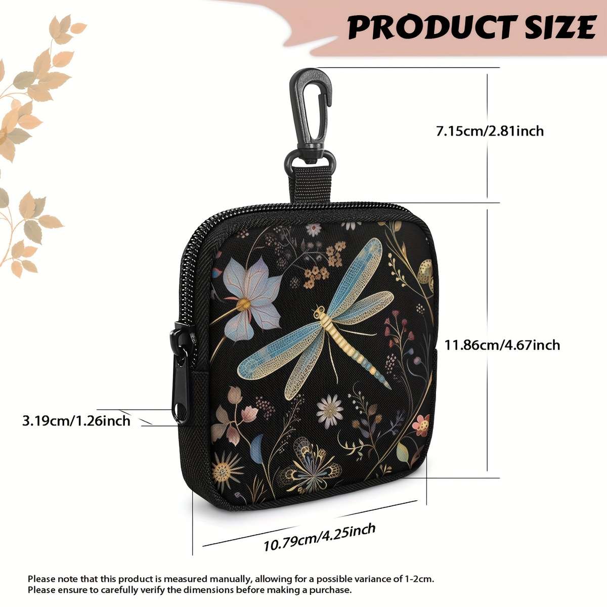 Multi-Pocket Zippered Wallet Coin Purse Chic Floral Dragonfly Print Hanging Purse With Key