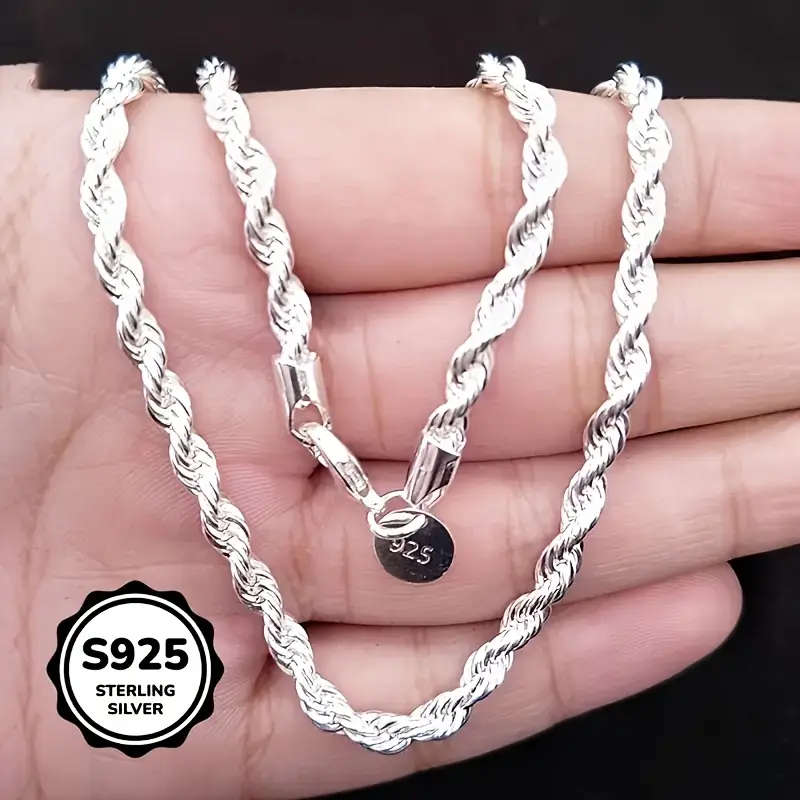925 Sterling Silver Twisted Rope Necklace, Simple Hip-Hop Style, Shiny Basic Chain