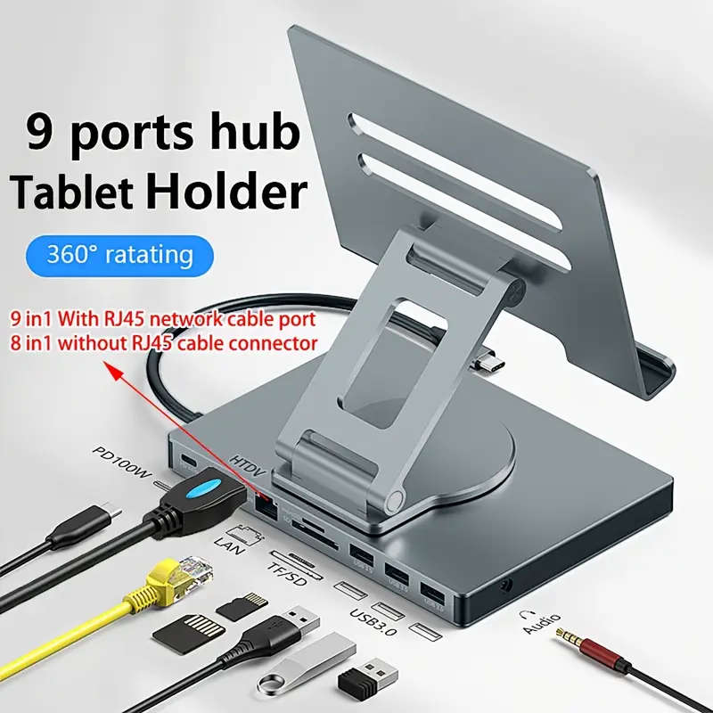 9 in 1 Type-C Rotating laptop/tablet stand with 4k60Hz Gigabit Ethernet port