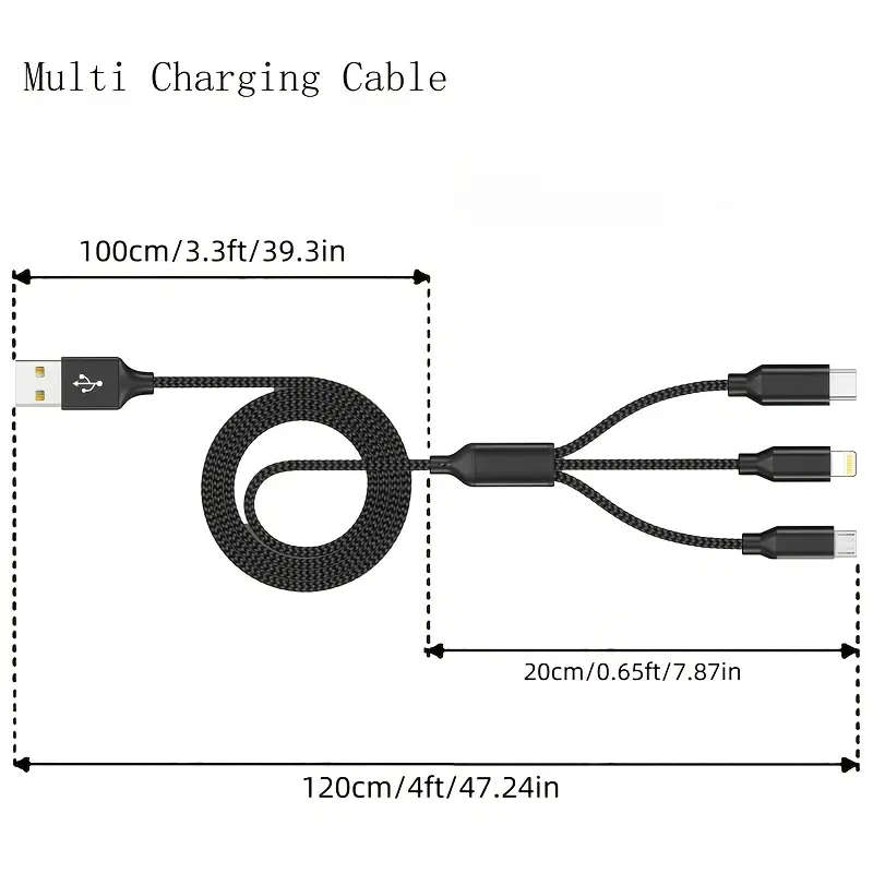 3-in-1 Fast Charging USB Cable For IPhone, For SamSung, Type-C, Micro USB Devices