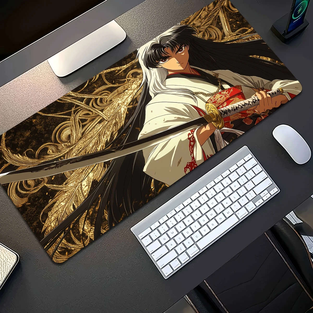 1pc 40x90cm Vibrant Samurai Warrior Gaming Mouse Pad Non-Slip Rubber Base