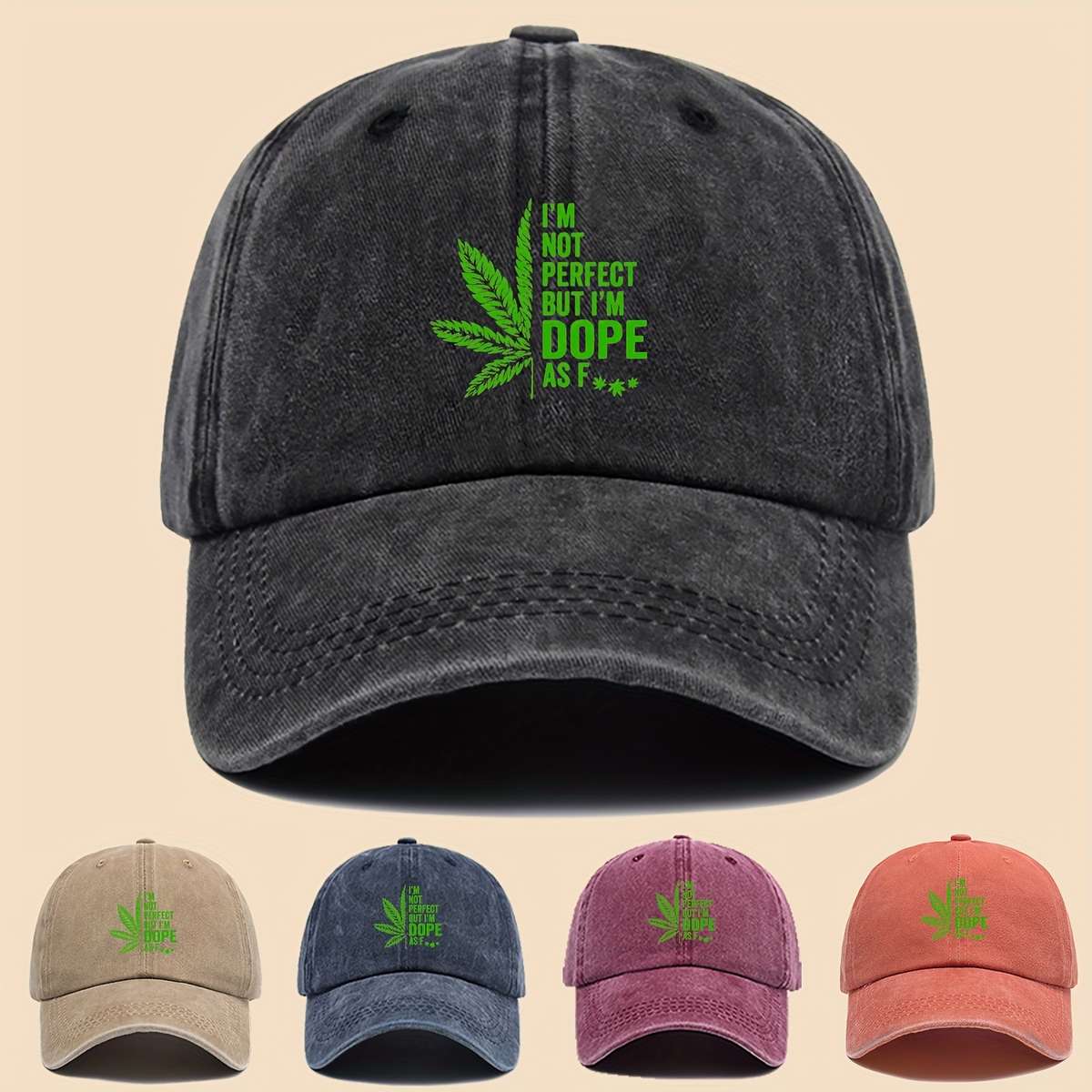 Stylish Black Baseball Cap with Green Leaf and I'M NOT PERFECT DOPPE Print Breathable