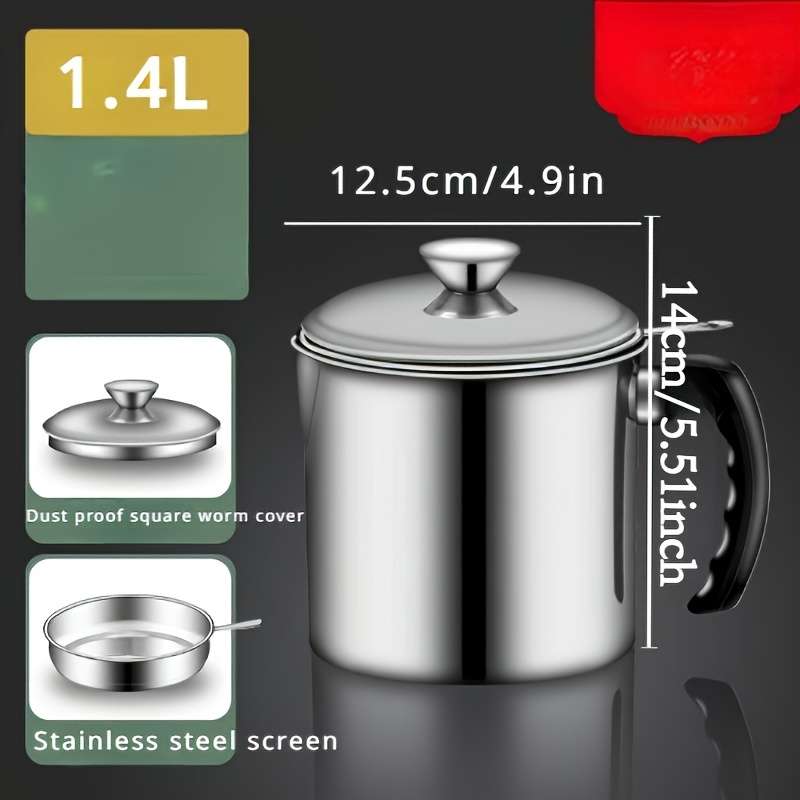1pc Stainless Steel Kitchen Grease Container with Strainer Easy-Pour Handle Ideal for Cooking Oi