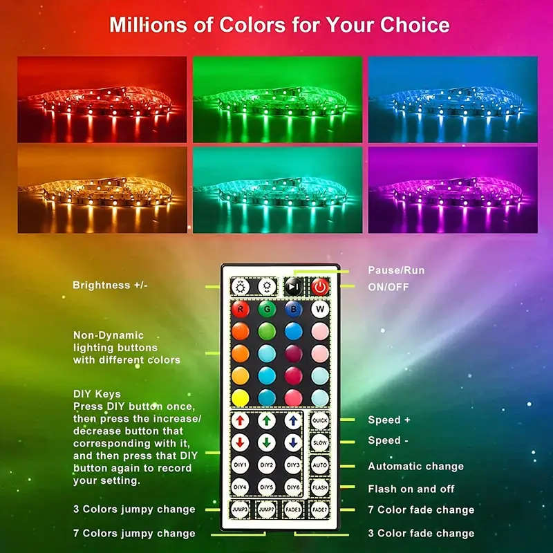 5V USB charging Rgb LED Strip Lights with 44 Keys, USB power supply EASY to INSTALL, 5 METER