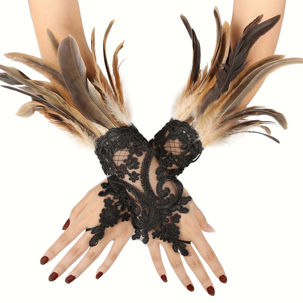 1 Pair Red Lace Faux Feather Gloves