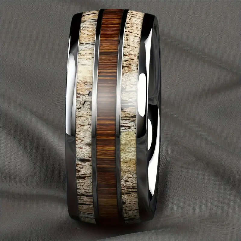 Elegant Men's Stainless Steel Ring with Marble & Wood Inlay