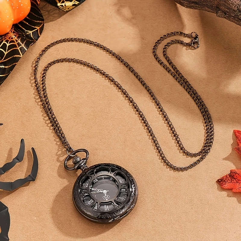 1Pc Hollow Pocket Watch Black Roman Dial Necklace Pendant Watch