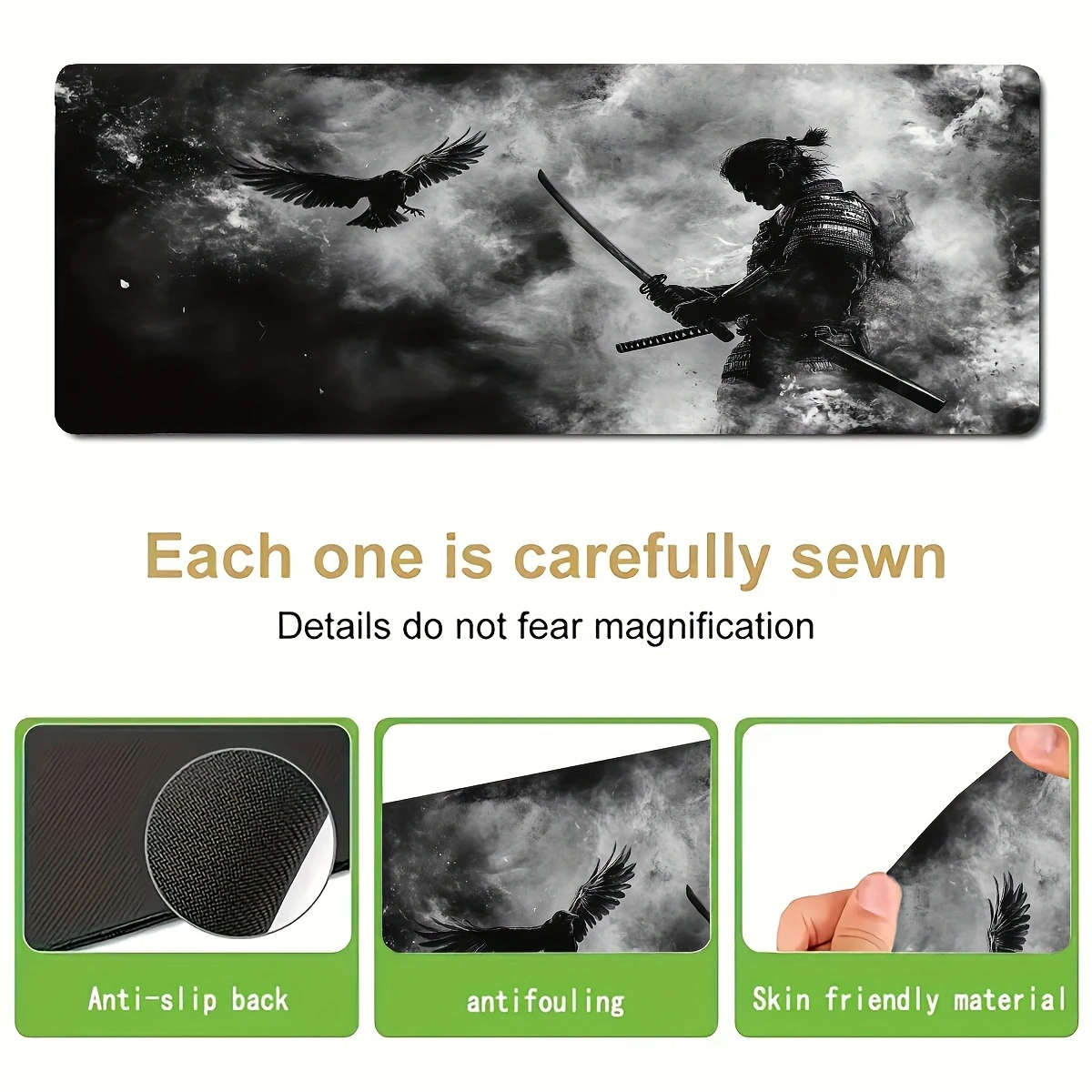 1pc 30x80cm Black and White Samurai Flying Bird Gaming Mouse Pad Durable Odorless Rubber Base