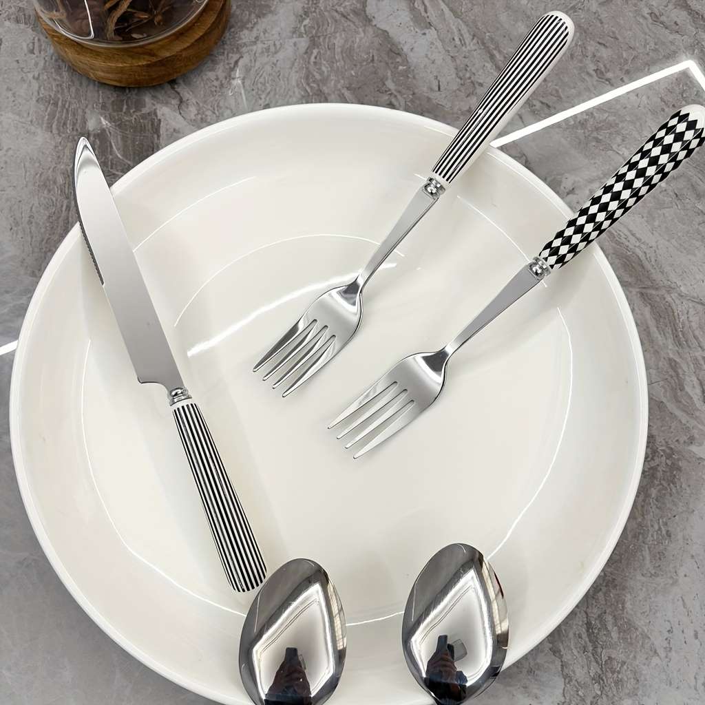 4pcs Ceramic Handle Stainless Steel Cutlery Polished Surface Cutlery with Striped Pattern Pr