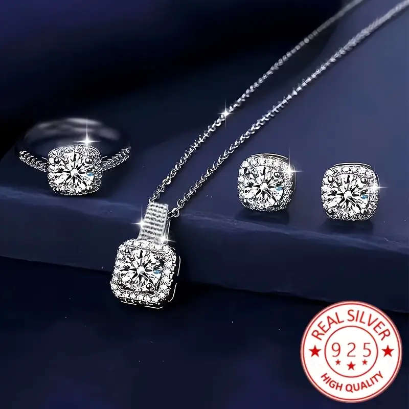 4 Piece Elegant 925 Silver Plated Pendant Necklace, Earrings and Rings Set