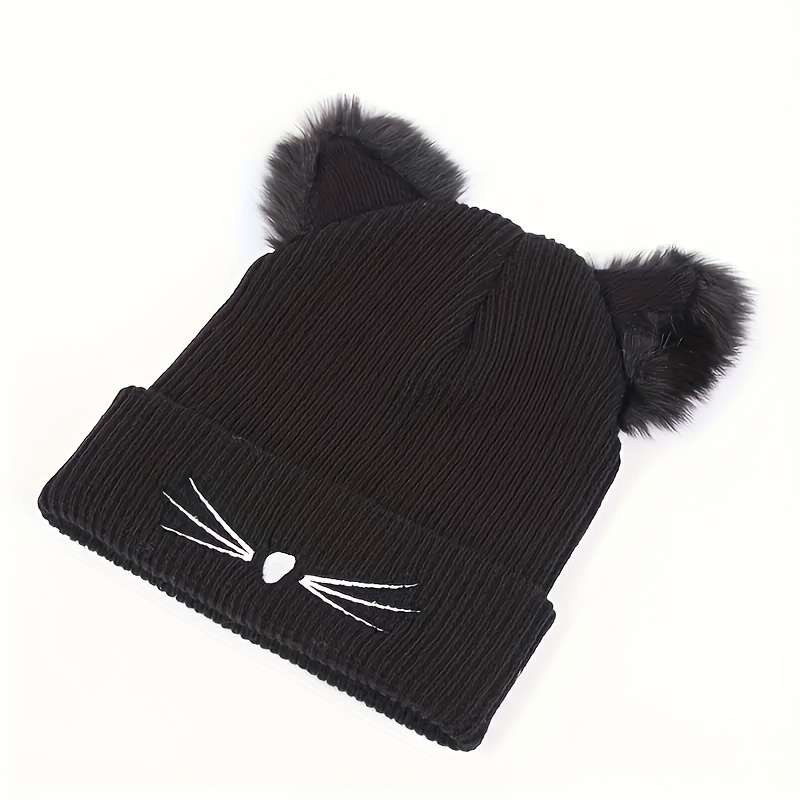 Women's Cute Cat Ear Knit Beanie with Embroidery Acrylic Stretch Skull Cap