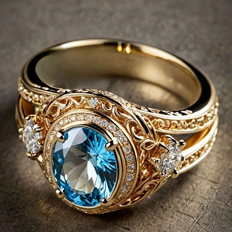 Gold Plated Copper Ring with Sparkling Blue Cubic Zirconia