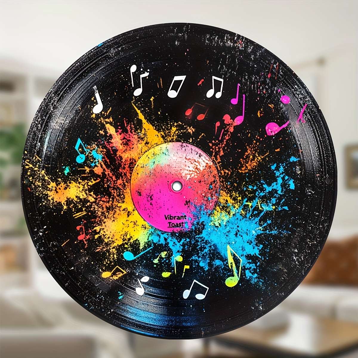 1 Retro Vinyl Record-Themed Wooden Wall Decor Colorful Splatter Musical Notes Round Plaque