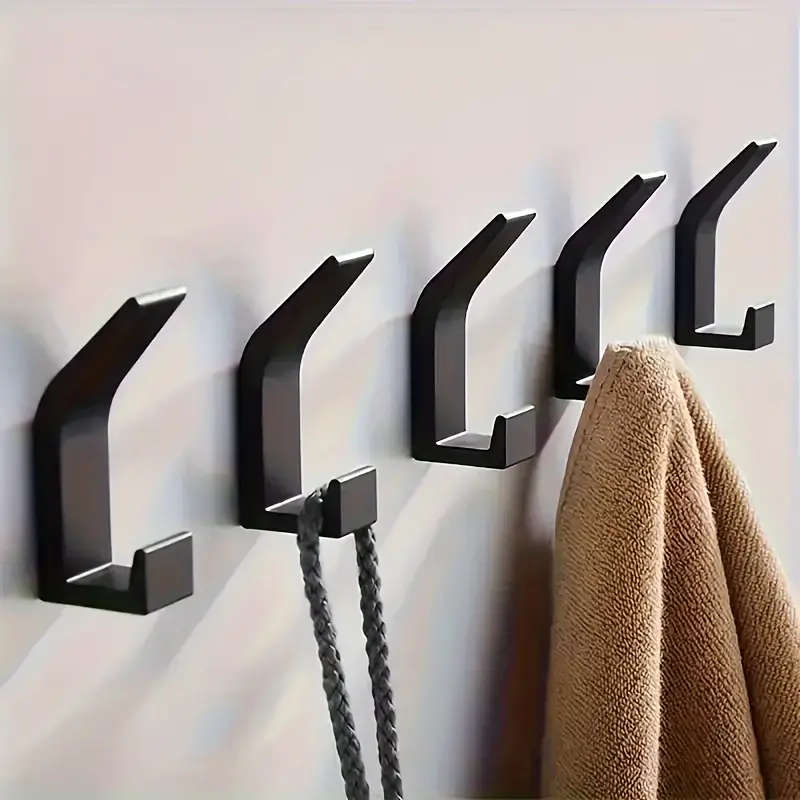 5 Piece Modern No-Drill Wall Hooks, Space-Saving Adhesive Towel and Coat Hooks, Black Plastic