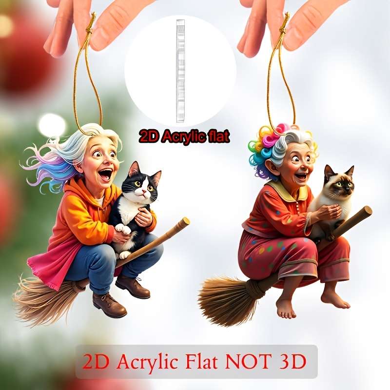 1pc 2D Flat    Whimsical Acrylic Ornament- Grandma on a Broom with a Cat  Perfect for car