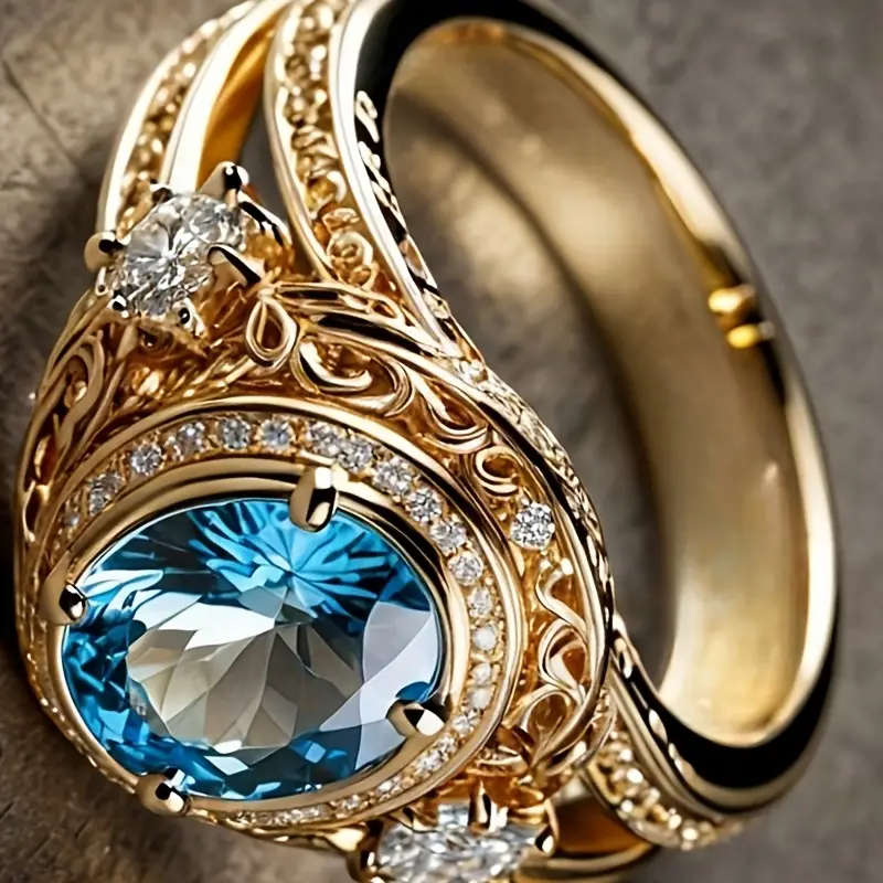 Gold Plated Copper Ring with Sparkling Blue Cubic Zirconia