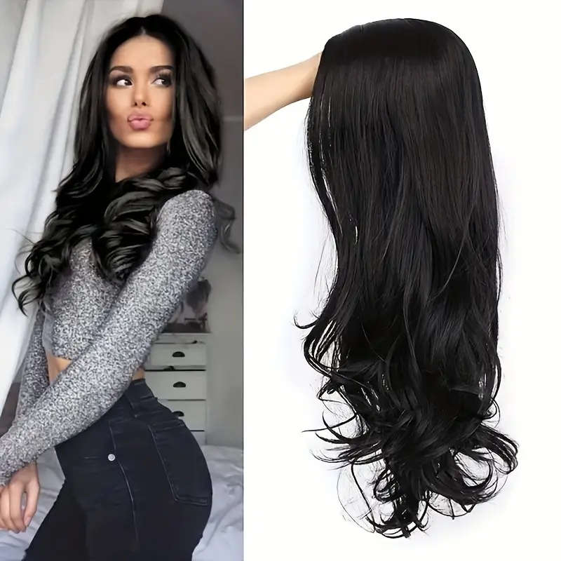 Elegant Long Curly Wig for Women, Color Black
