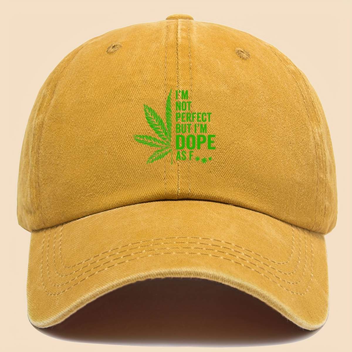 Stylish Black Baseball Cap with Green Leaf and I'M NOT PERFECT DOPPE Print Breathable