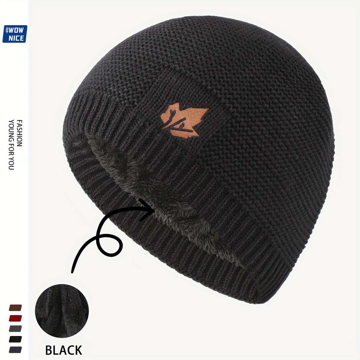 Knit Beanie with Fleece Lining Warm Windproof Acrylic Skull Cap