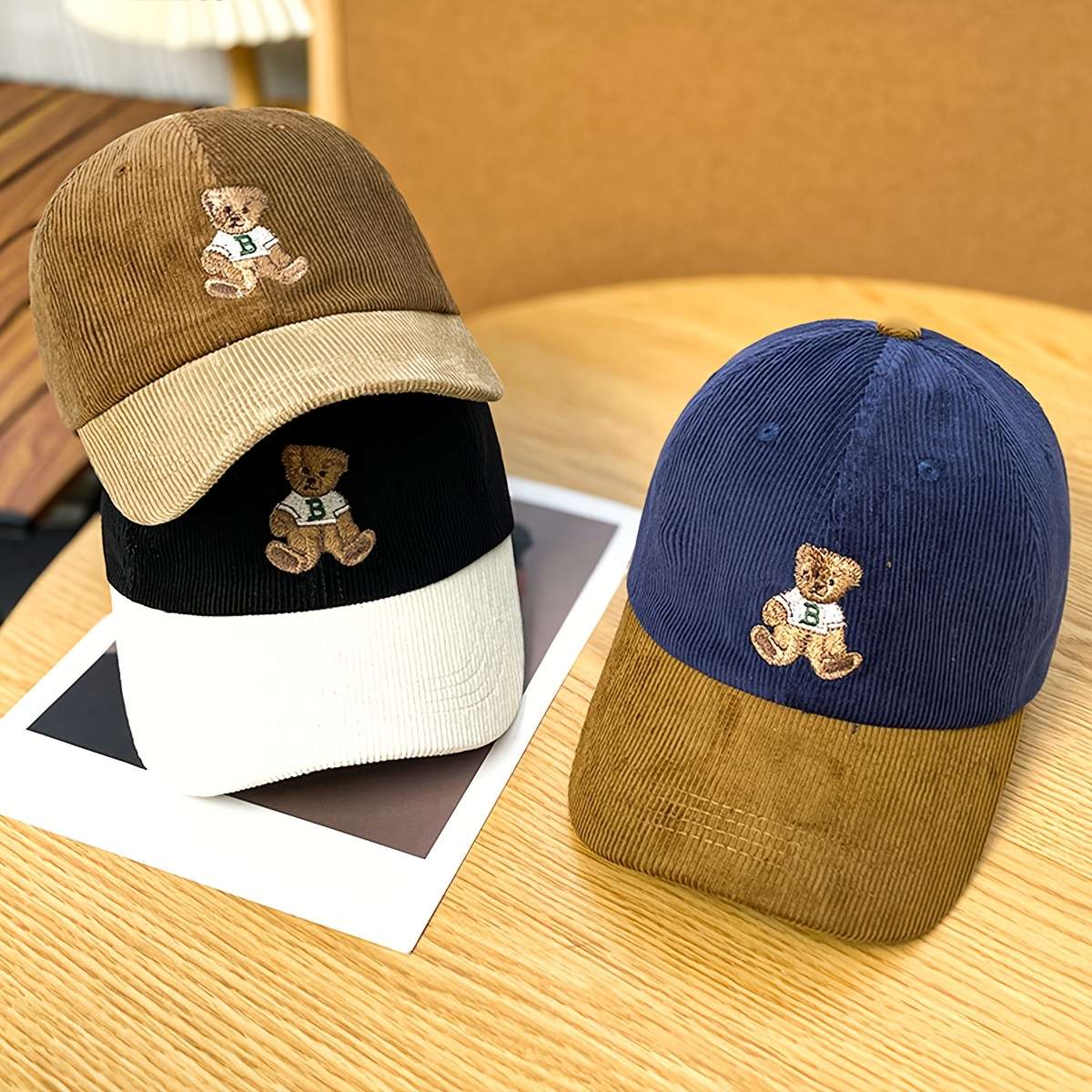Anime Bear Embroidery Cotton Corduroy Baseball Cap