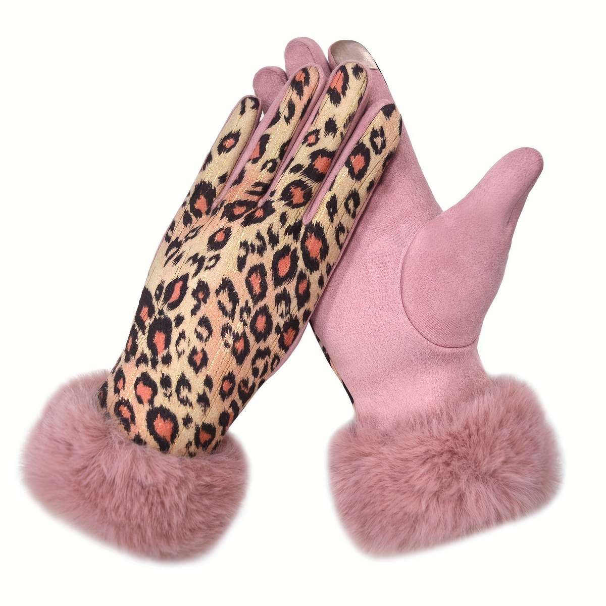 1 Pair Leopard Print Hair Mouth Pink Brown Warm Gloves